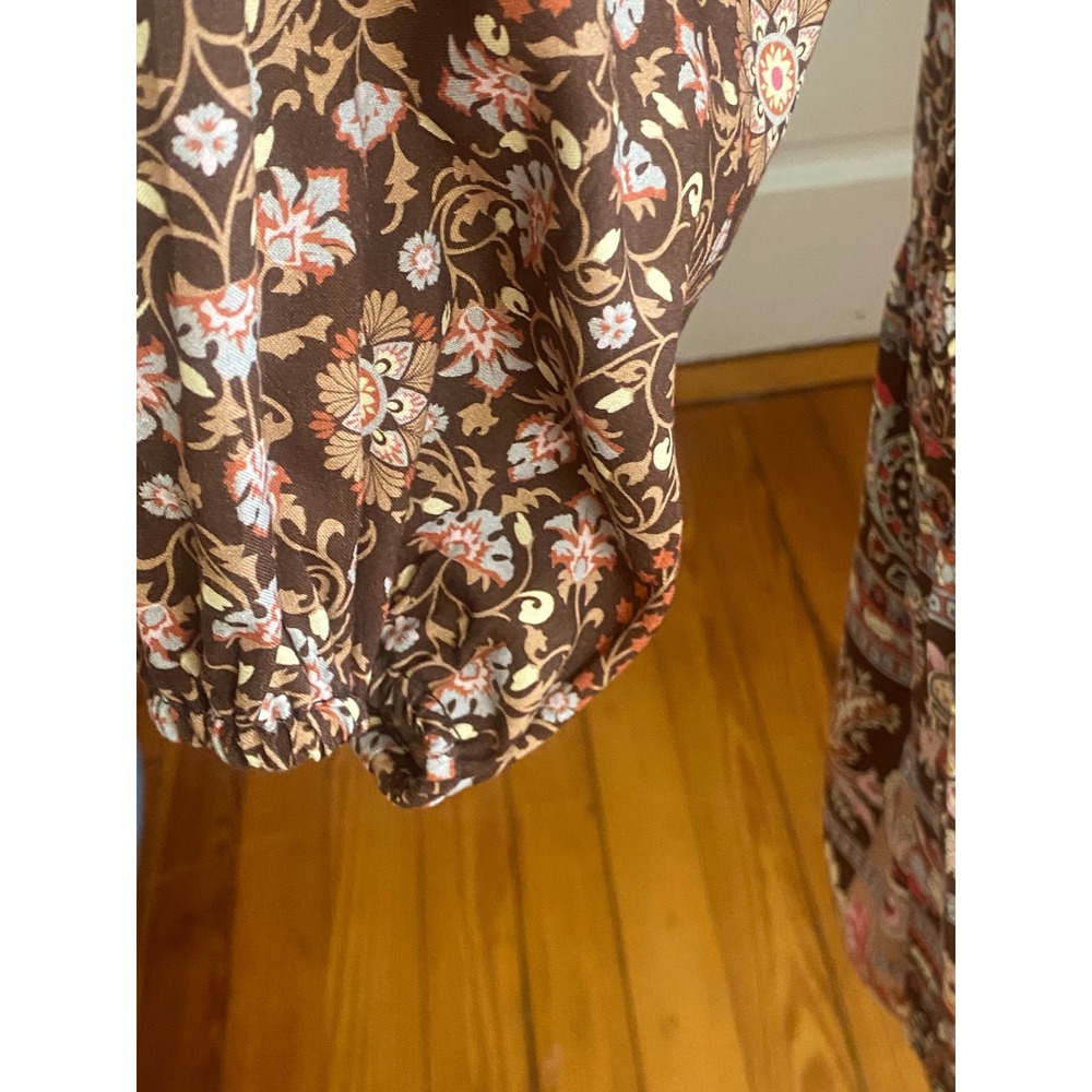 Tribal dress Brown Paisley Floral Tiered‎ Midi Dress Long Sleeve Boho Size L - Picture 5 of 8